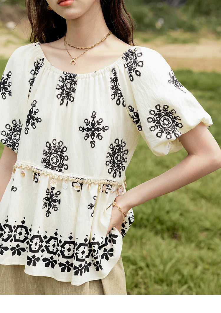 MISHOW Bohemian Print Shirts Women Summer Short Puff Sleeve Square Sleeve Loose Shell Ribbon Stitching Blouses Lady MXE35X1817