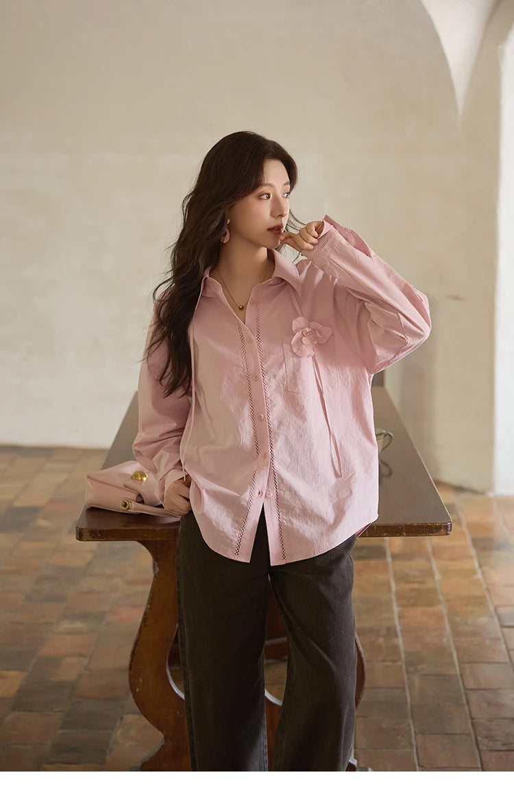 MISHOW 100% Cotton Shirt For Women Autumn 2025 New Fashion Petal Ribbon Button Long Sleeves Shirt Women's Clothing MXE41C2349