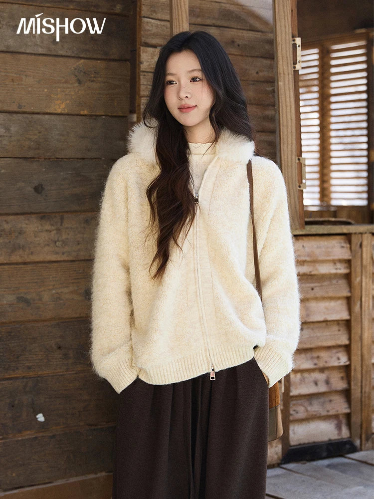 MISHOW Women's Beige White Cardigan Winter Fur Hood Zipper Warm Loose Outerwear Towel Embroidered Knitted Cardigan MXE94Z2963