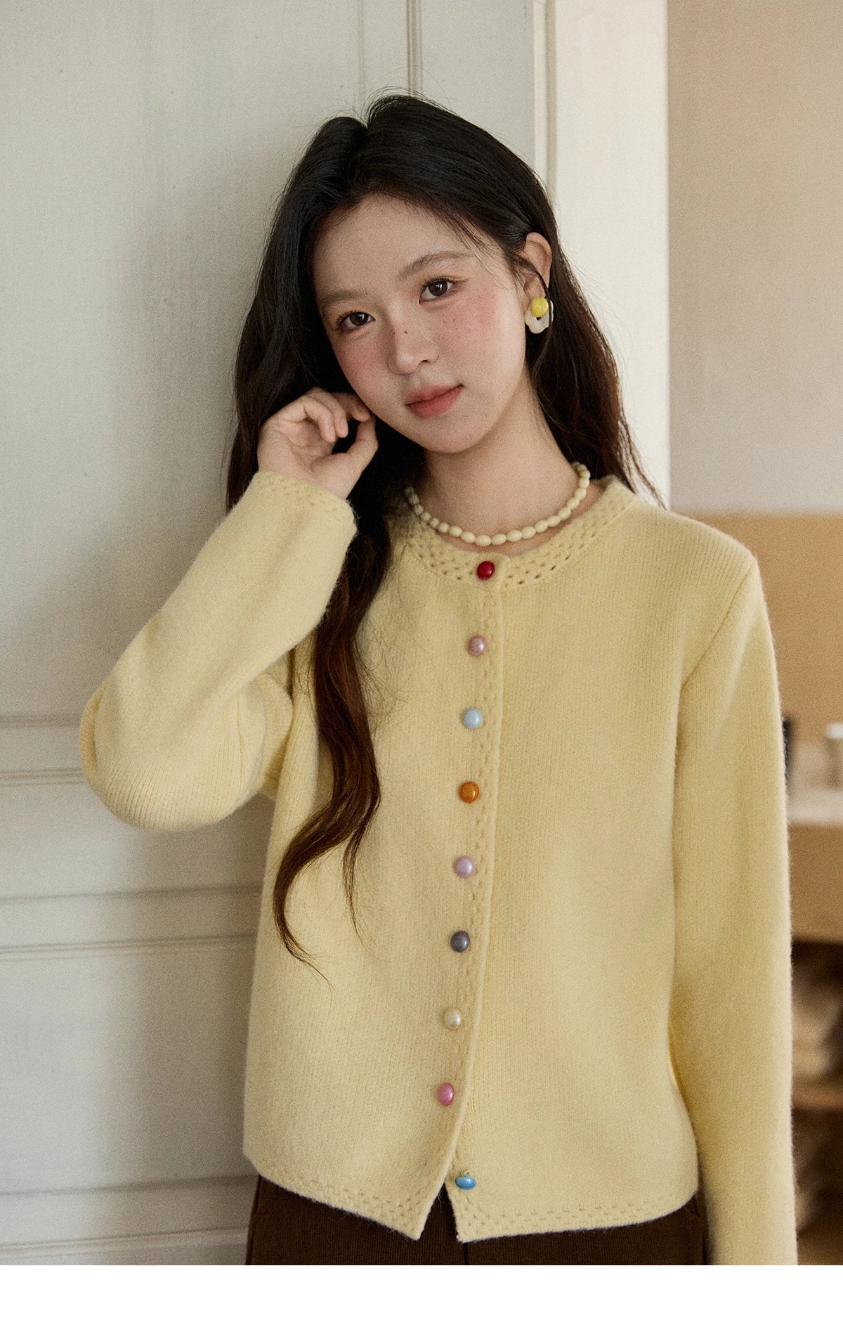 MISHOW Women's Cardigan 2025 Slim Fit Hollow Out Round Neck Rainbow Button Sweater French Style Solid Warm Knitwear MXE90Z2796