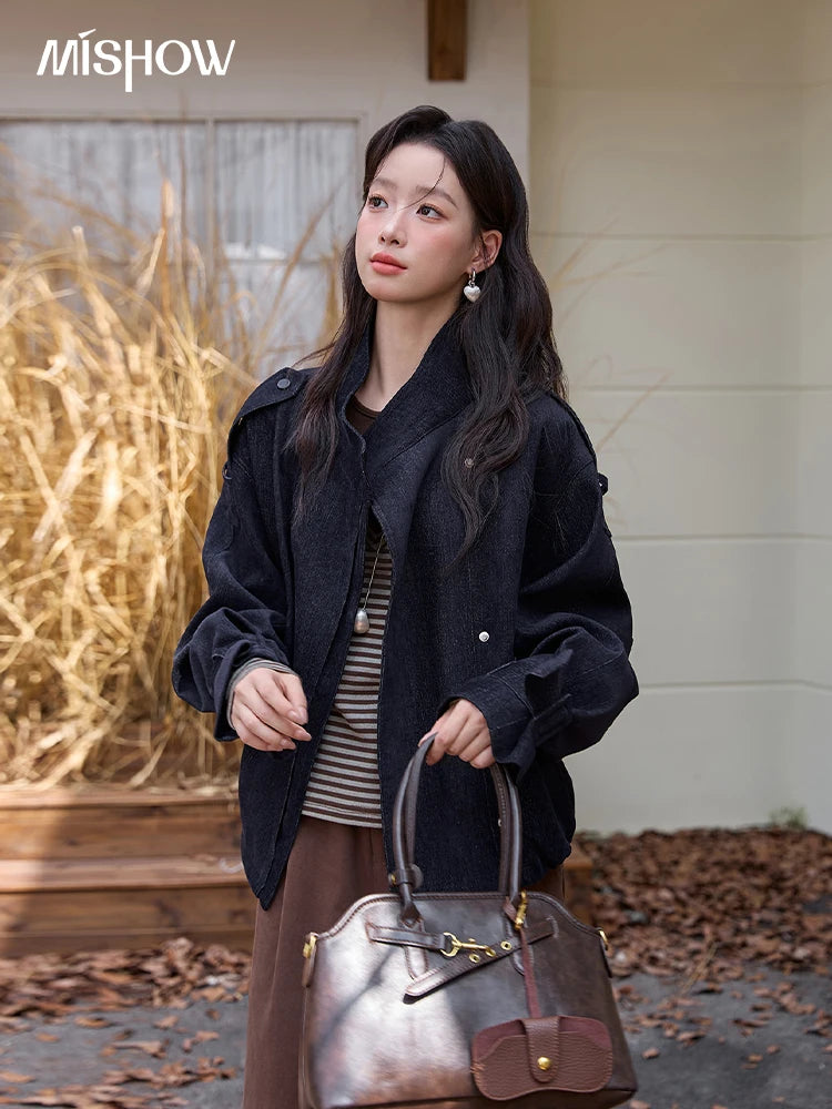 MISHOW Navy Blue Short Jacket for Women 2025 Autumn Winter Safari Style Stand Collar Epaulette Design Cuff Jacket MXE49W0901