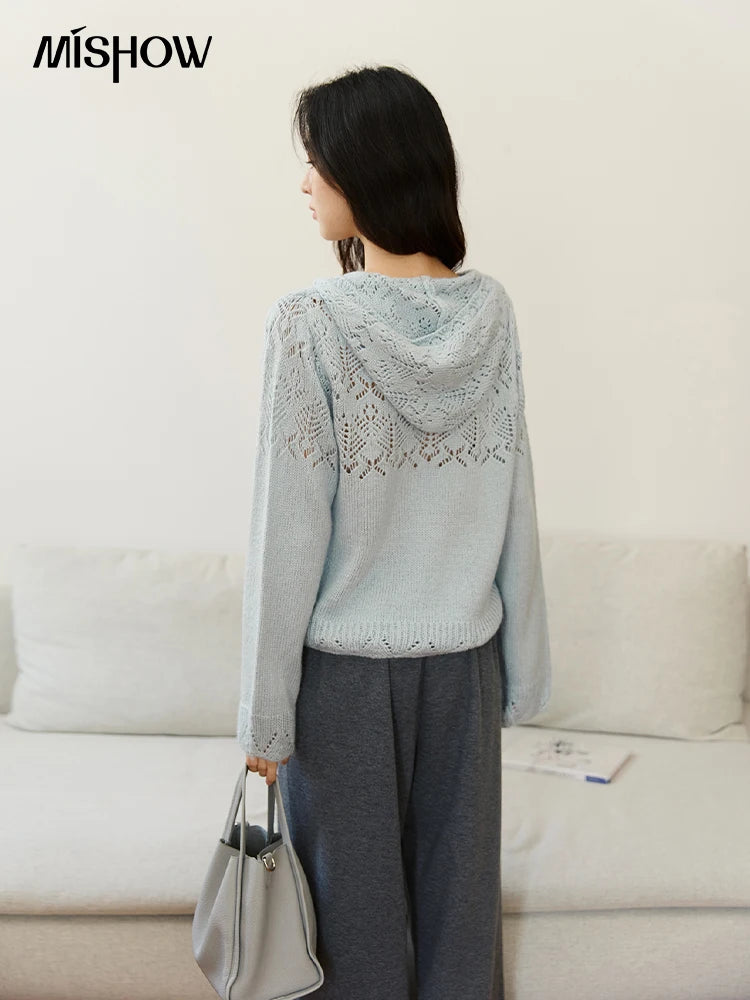MISHOW Women's Autumn Cardigan 2025 New Loose Blue Hollow Knitted Cardigan Commute Hooded Short Zipper Sweater MXE46Z2584