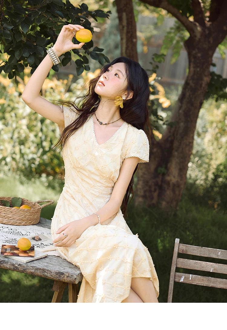 MISHOW Women's V-neck Lace Spliced Dress 2025 Summer New Embroidery Vacation French Style Jacquard Mid-Length Dresses MXE38L2378