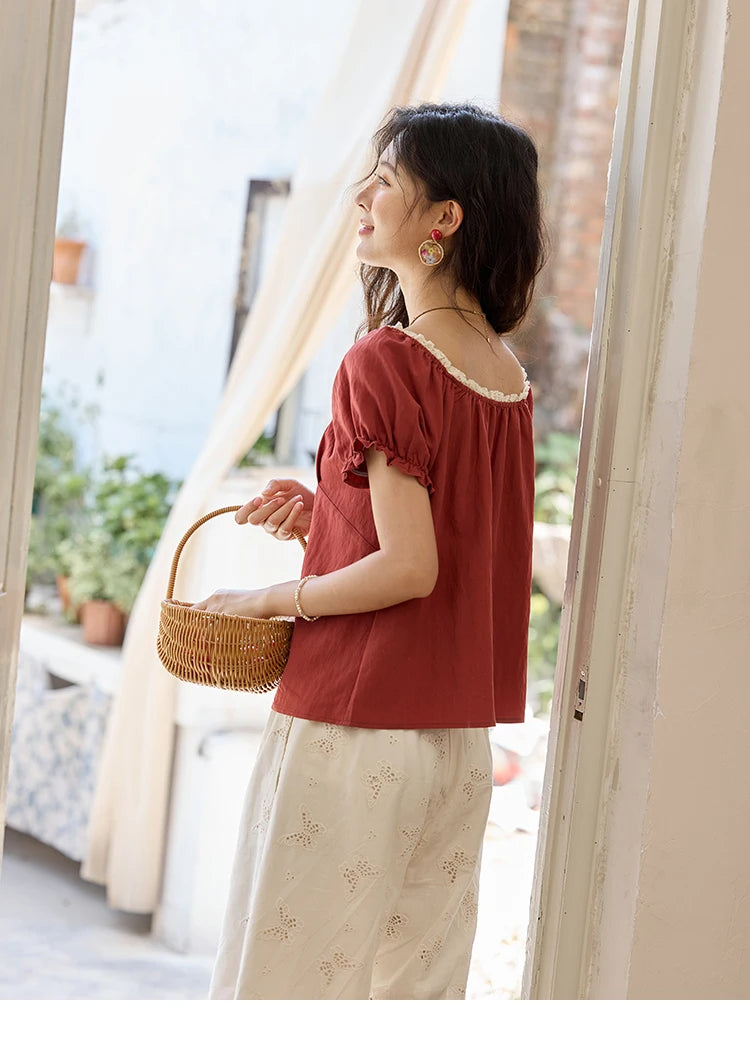 MISHOW French Summer Shirts for Women 2025 Short Puff Sleeve Lace Colla Slimming Blouses Female Sweet Fashion New MXE35X1827