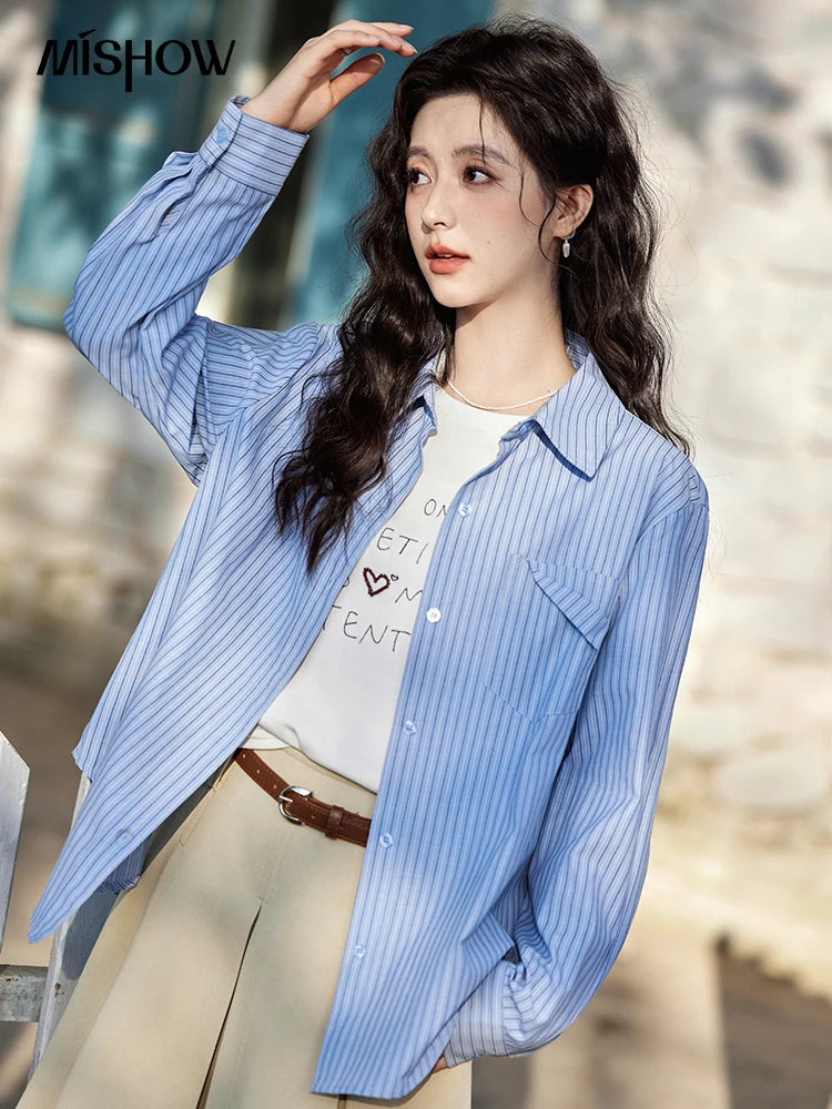 MISHOW Blue Striped Shirt for Women 2025 Spring Versatile Office Lady Tops Pocket Turn-down Collar Long-Sleeve Shirts MXE11C0399