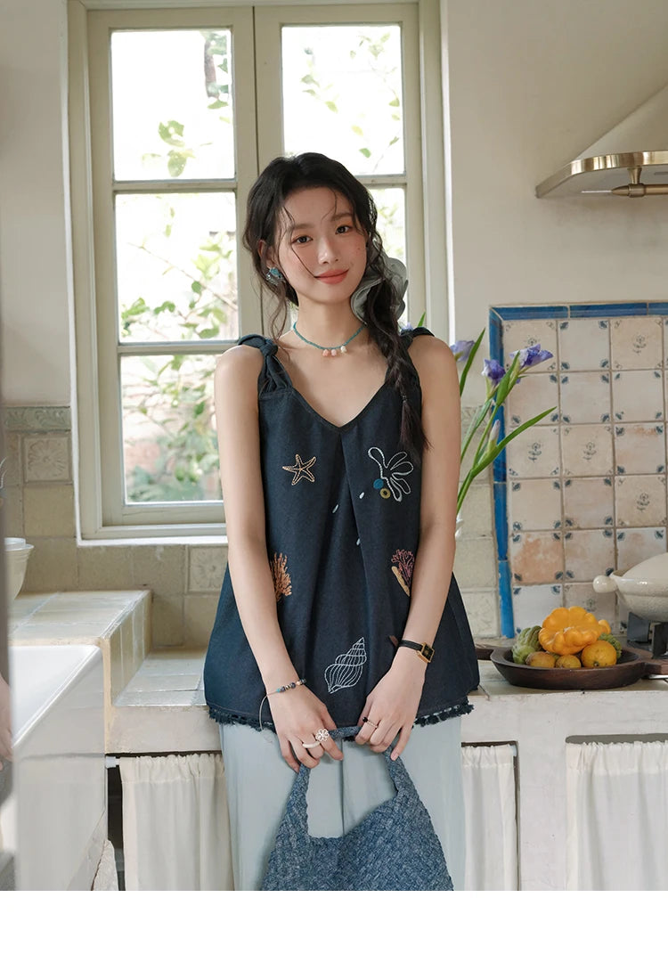 MISHOW Women's Fashion Strap Vest Summer 2025 Embroidery Lace Sleeveless Lady Camis Casual Vacation Tassel Denim Top MXE37X1860