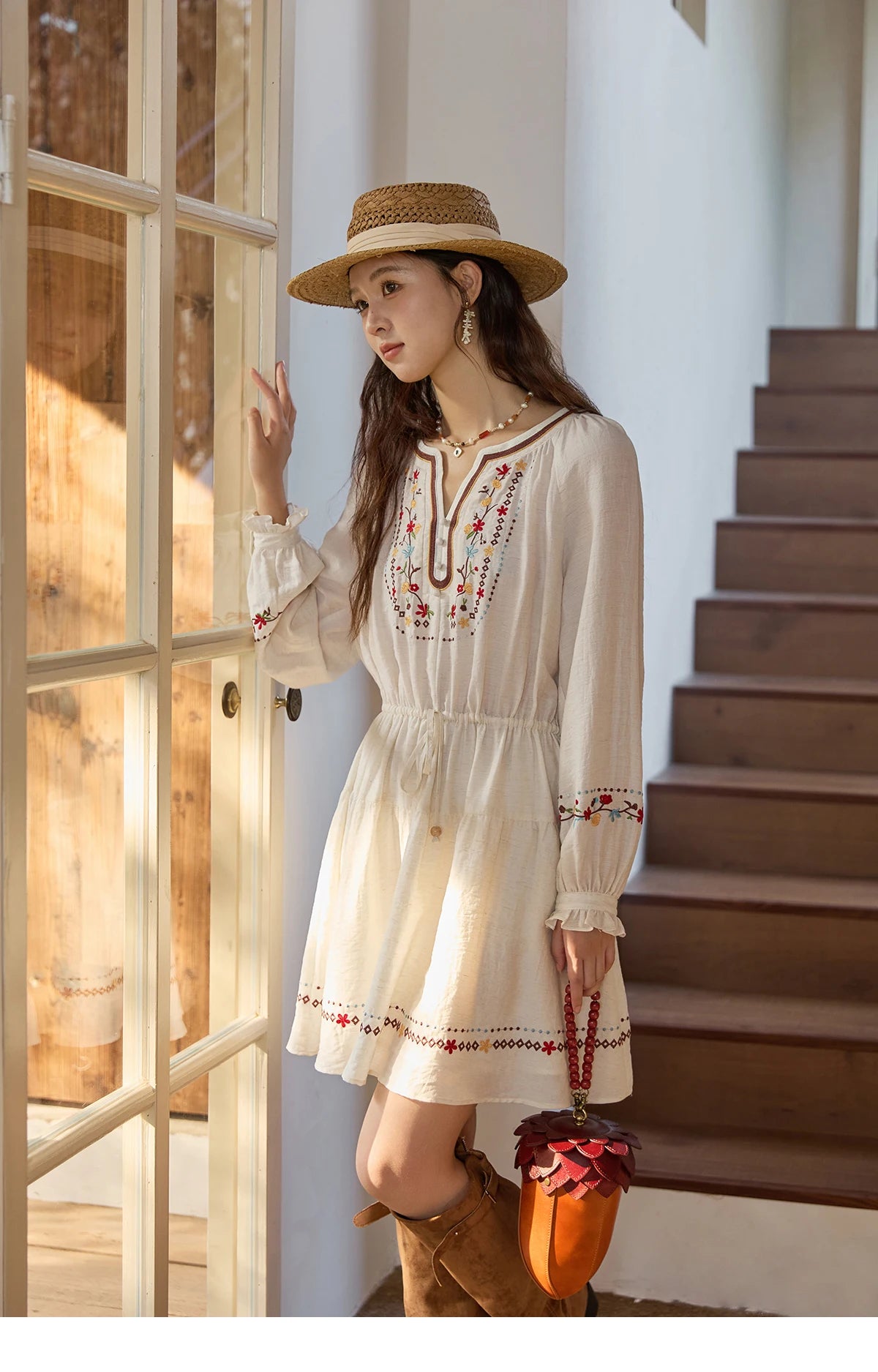 MISHOW Woman Long Sleeve Dress Autumn Elegant V-neck Embroidered Drawstring Waist Dress A-line Bohemian Midi Dresses MXE44L2489