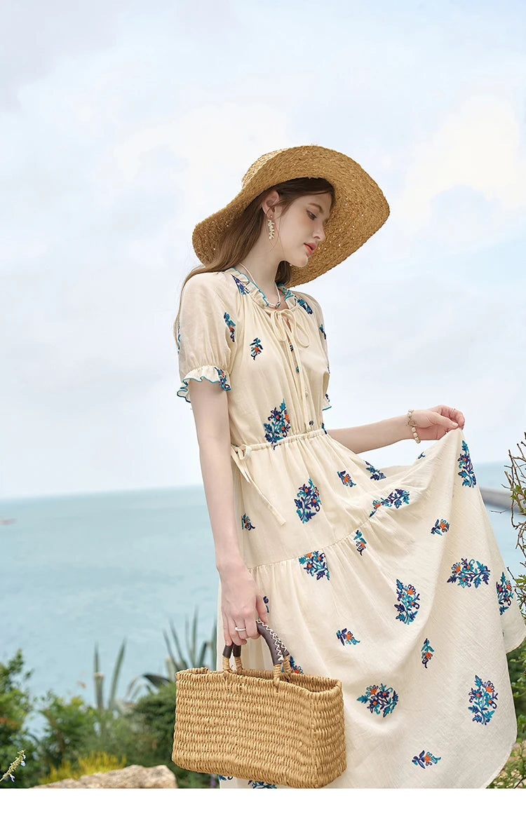 MISHOW French Romantic Dress 2024 Summer Women Embroidered Flower Fairycore Dresses Elastic Waist Drawstring Dress MXD24L1835