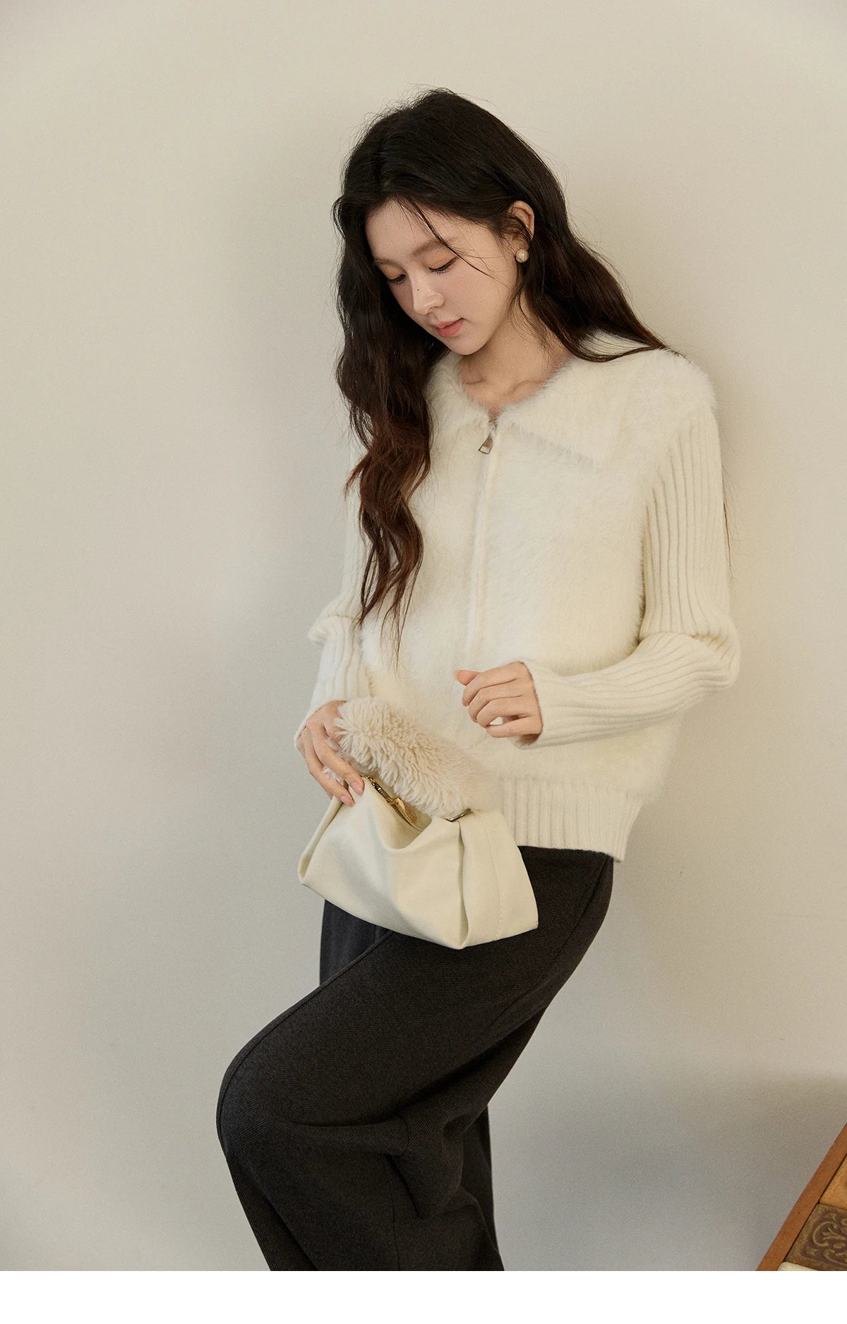 MISHOW Women's White Faux Fur Knit Cardigan 2025 Autumn Winter Fake Two-Piece Zipper Lapel Collar Warm Soft Outerwear MXE94Z2992