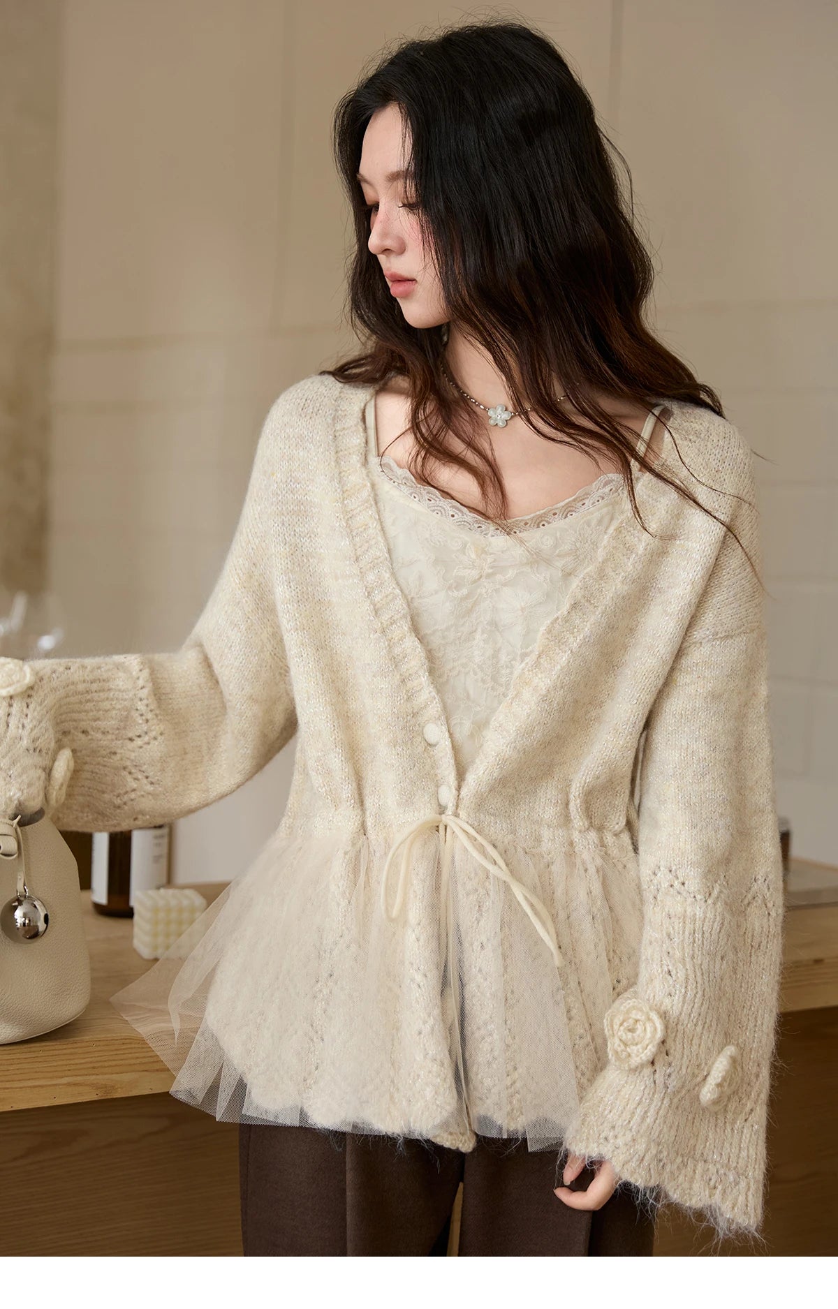 MISHOW Apricot Mesh Stitching Knit Cardigan for Woman Fashion Drawstring Waist Three-dimensional Flower Loose Sweater MXE88Z2707