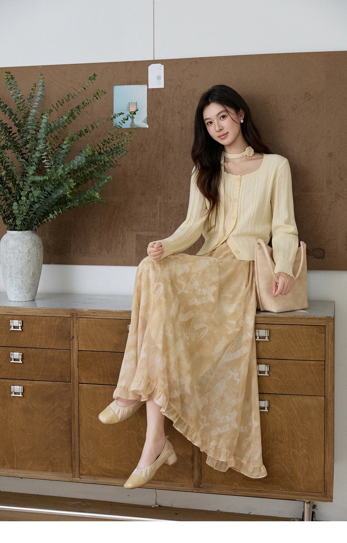 MISHOW Women's Beige Cable Knit Cardigan 2026 Spring Square Neck Long Sleeve Slim Casual Knitwear with Flower Ribbon MXF11Z2903