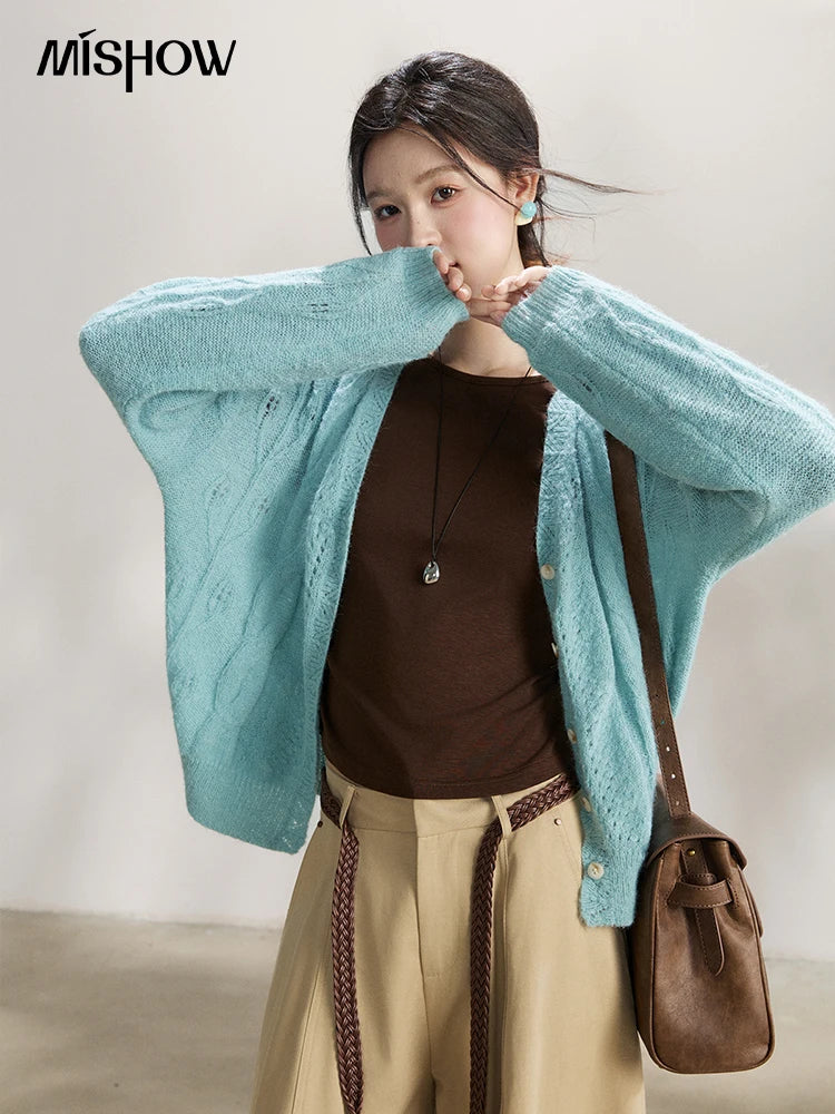 MISHOW Women's Blue Hollow Out Knit Cardigan 2026 Spring V Neck Wool Blend Tops Single Breasted Casual Thin Sweater MXF13Z2975
