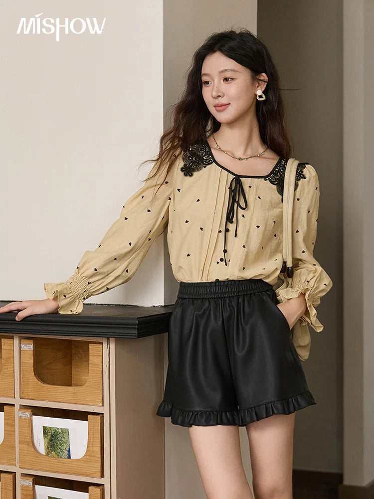 MISHOW Women's Yellow Heart Printed Shirt Autumn Lace Hollowed Out Collar Bubble Sleeve Top Lace-up Commuter Shirts MXE41X1949