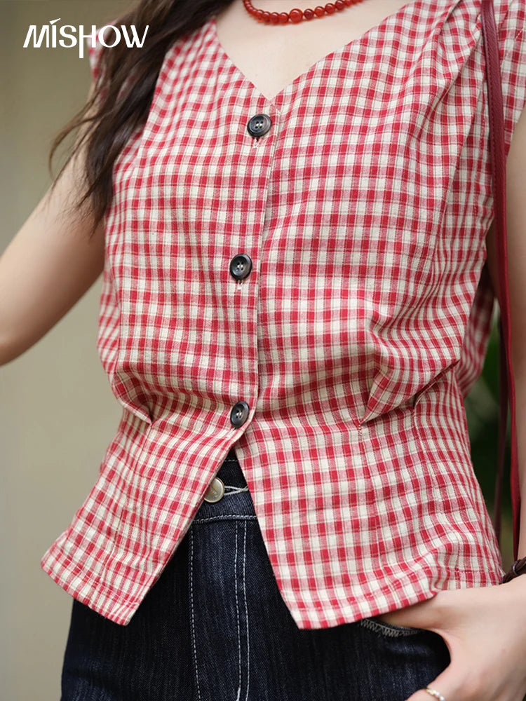 MISHOW Women's Fashion V-neck Shirt 2025 Summer New Plaid Ladies Red Button Shirt Casual Retro Top Female Clothing MXE37X1921