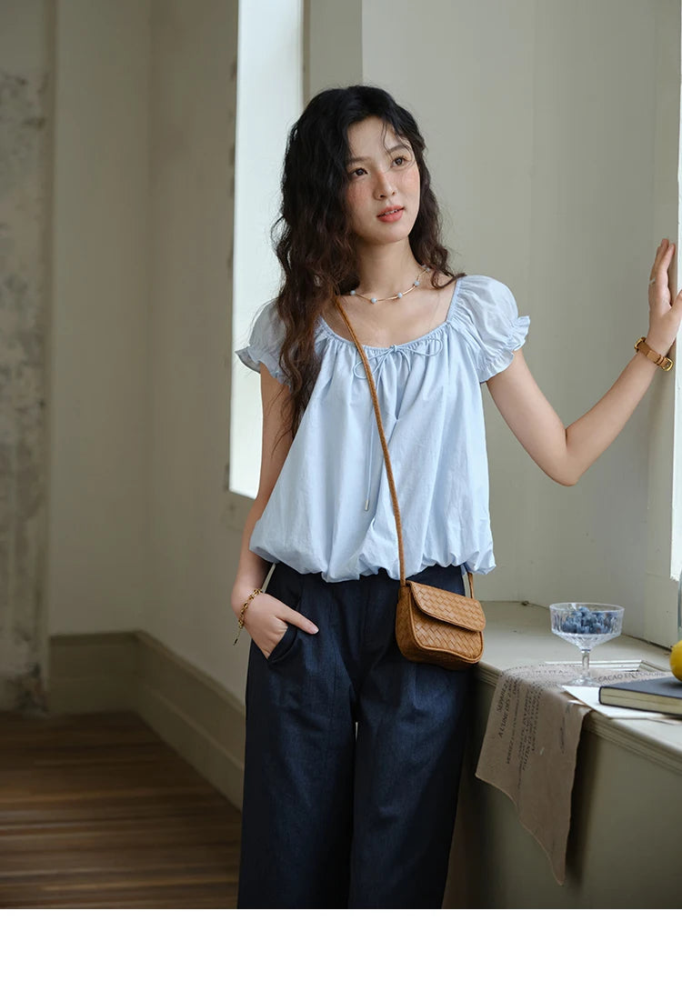 MISHOW 100% Cotton Blouse for Women 2025 Summer New Fashion Puff Sleeve Casual Commute Lace Up Top Ladies Clothing MXE37X1893