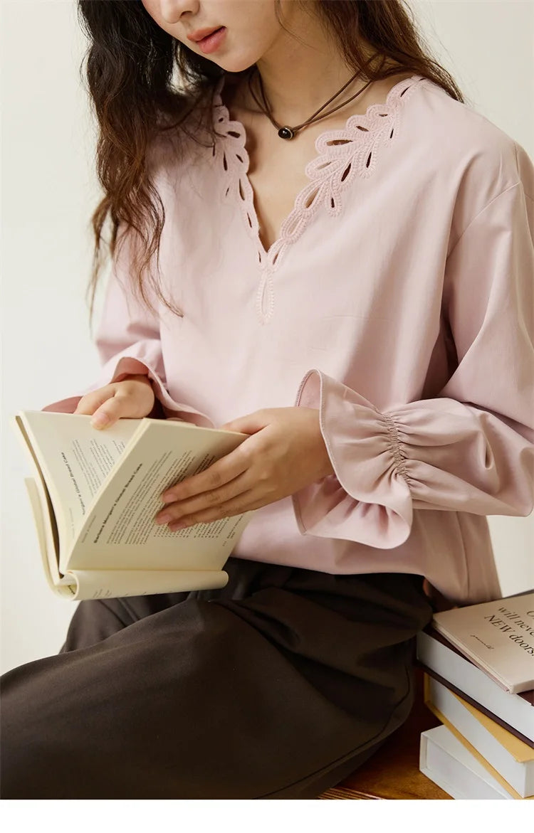 MISHOW Women's Elegant Blouse 2025 Autumn French Style Hollow Out V Neck Pink Blouse Loose Commute Long Sleeves Top MXE48X2502