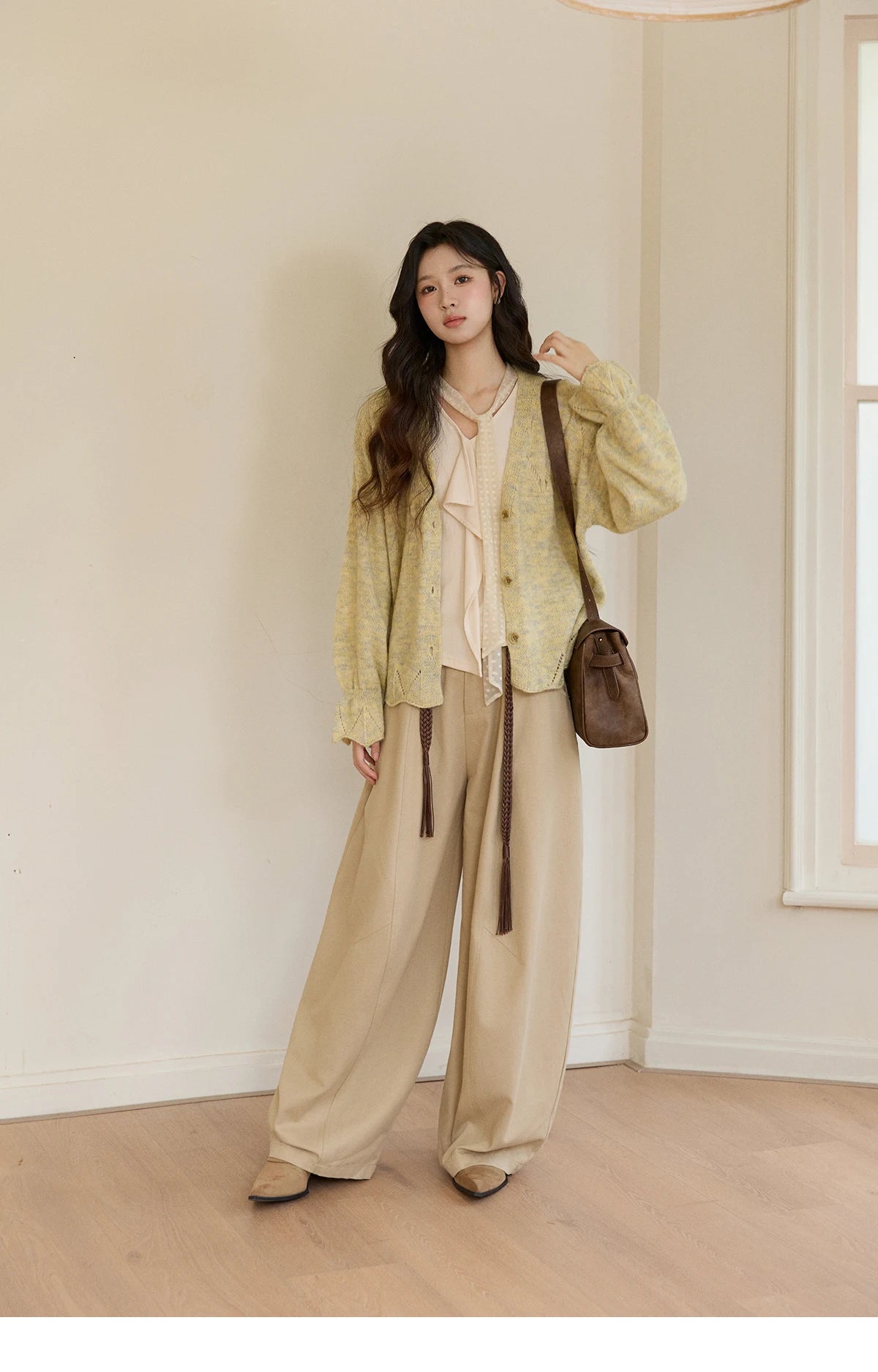 MISHOW Women's Marled Yellow Mohair Knit Cardigan 2026 Spring V-Neck Flare Sleeve Cardigans Casual Loose Sweater MXF108Z1021