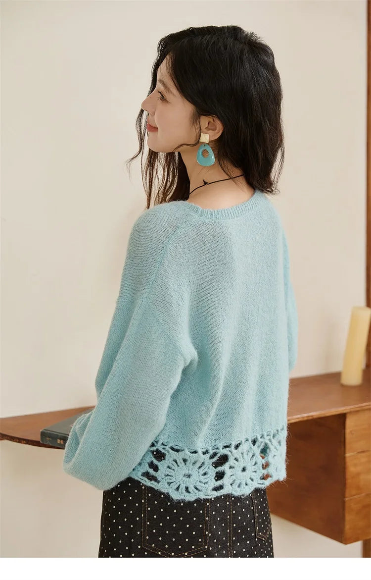 MISHOW Woman Sweaters 2025 Elegant French Hollow Out Floral Sweater Loose O-neck Long Sleeves Knit Top Autumn Clothes MXE44Z2491