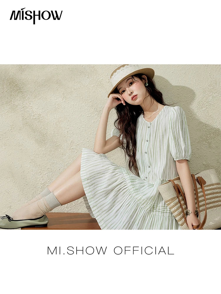 MISHOW French Green Striped Dress Women Summer 2025 Short Puff Sleeve Round Neck New Mid-length Dresses Woman Fashion MXE15L2141