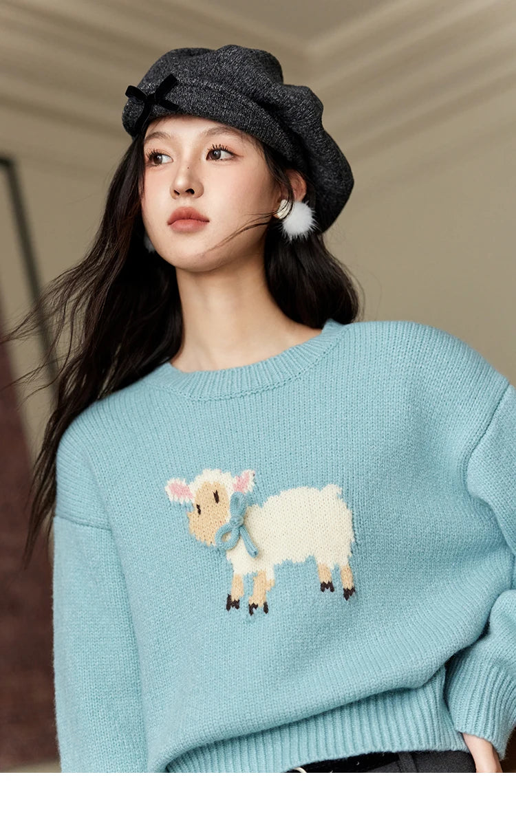 MISHOW Soft Lamb O-Neck Pullovers Color Clash Spliced Knitted Sweater 2024 Winter Women Clothes Thickened Warm Tops MXD59Z1140