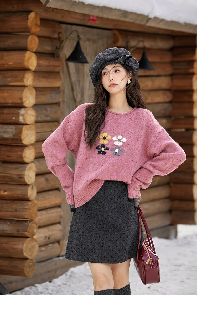 MISHOW Wool Blend Yarn Knitted Sweater Flower Color Dots Design 2024 Winter Women O-Neck Pullovers Lazy Sweaters MXD56Z1066