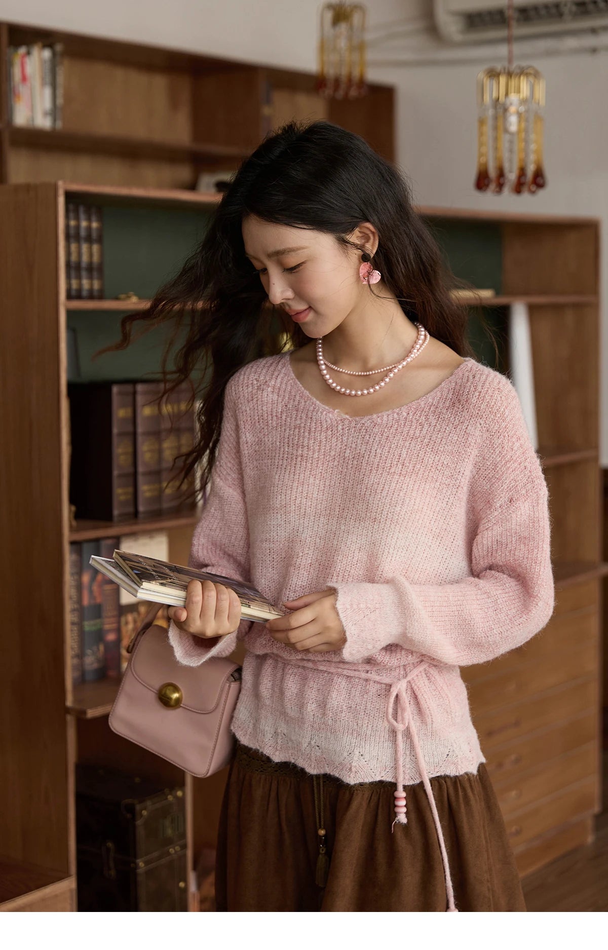 MISHOW Women's Pink Gradient Knitted Top 2025 Autumn French Wool Blend Ribbed Cuff Long Sleeve Tops with Knitted Rope MXE43Z1334