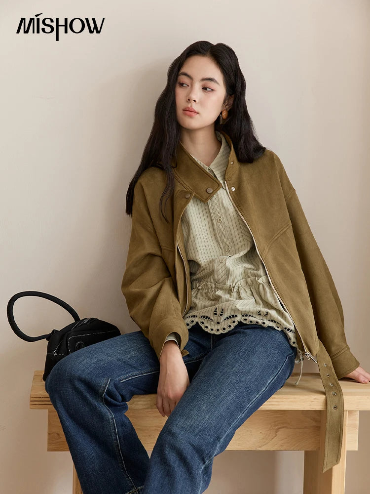 MISHOW Retro Jacket Women 2025 Autumn Winter Warm Stand Collar Casual Jacket Slim Design Zipper Jacket Woman Clothes MXE49W0853