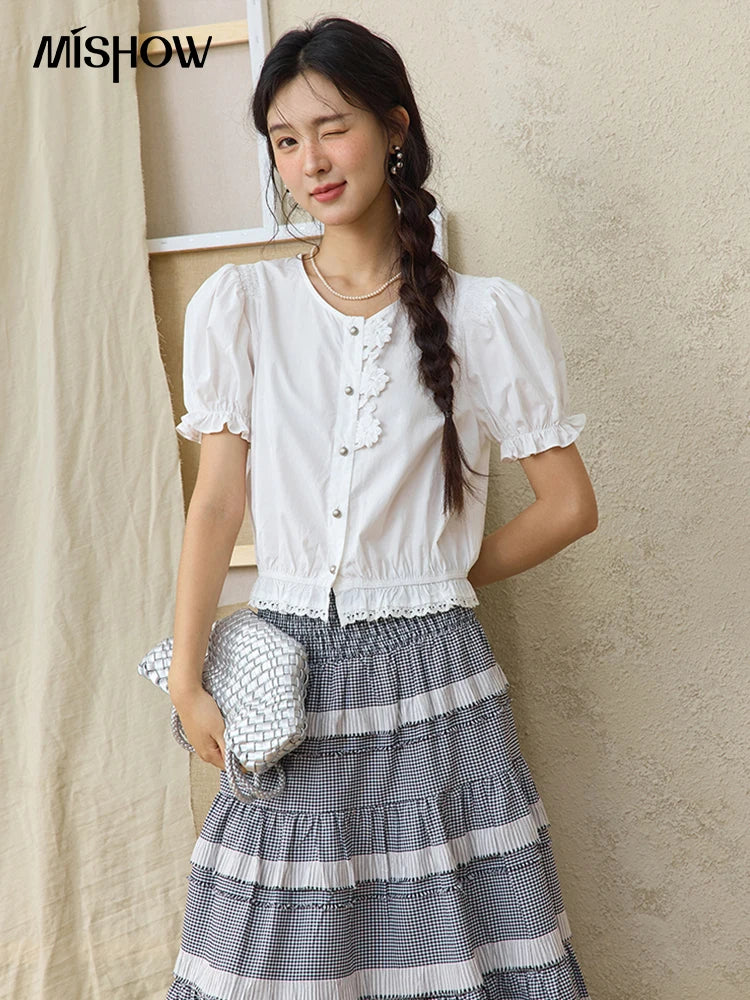 MISHOW Sweet Lace Pufff Sleeve Shirt Summer 2025 Flower Single Breasted Buttons Short Shirts Hem Elastic Waist Tops MXE34X1820