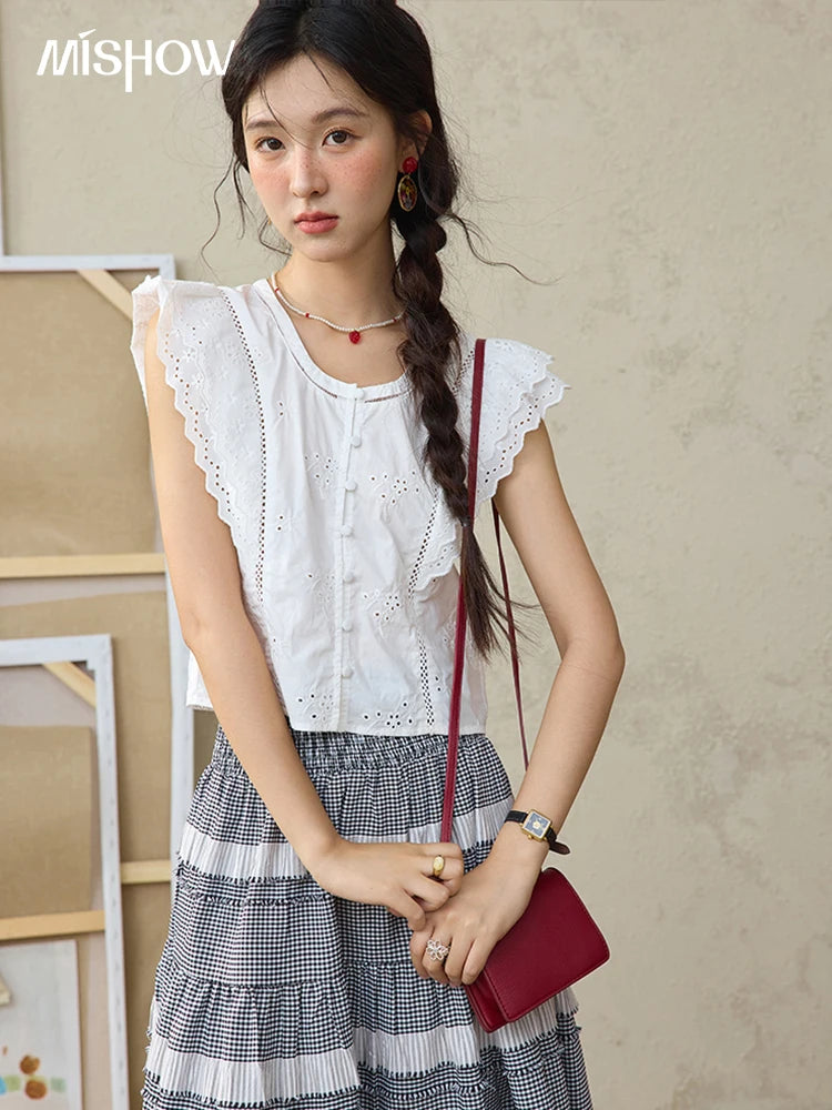 MISHOW Flying Sleeve Cotton Blouse Hollow Lace Slim Waist MXE36X1844