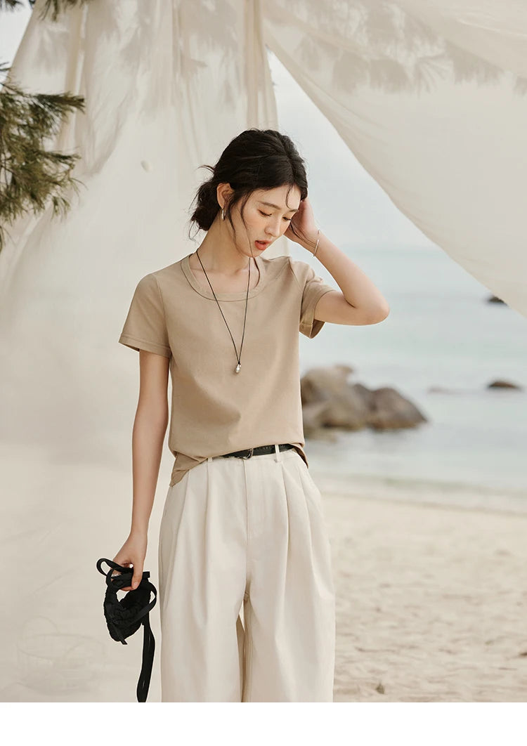 MISHOW Solid Casual T-shirts Women Summer 2025 New Square Neck Short Sleeve Shirt Female Fashion Straight Tops Woman MXE15T0483