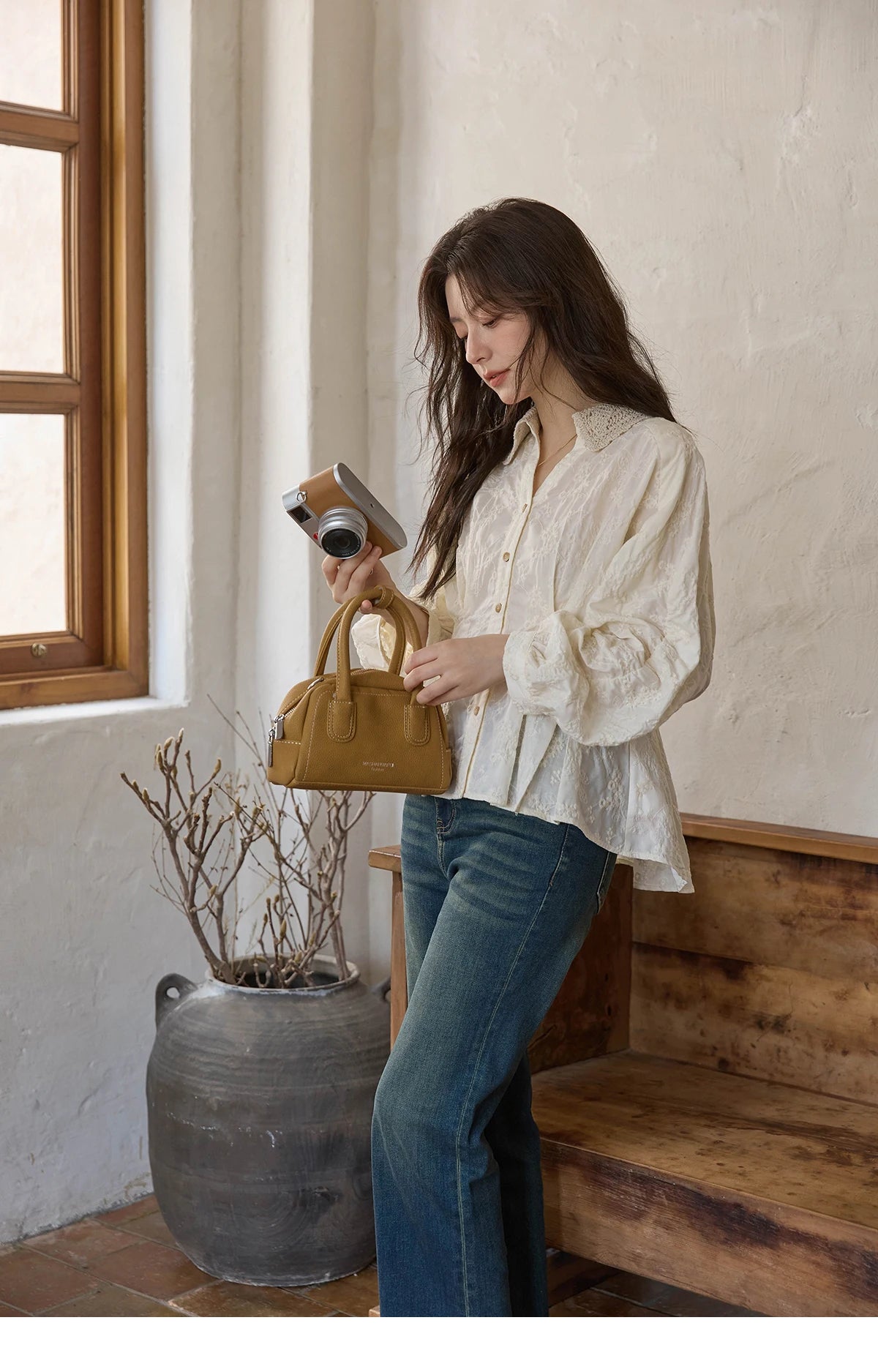 MISHOW Women's Lantern Sleeve Blouse 2025 Autumn French Lace Hollow Out Lapel Collar Shirts Waist Hem Ruffle Tops MXE42C2372