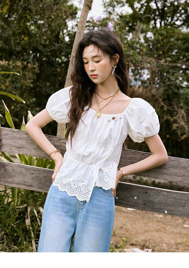 MISHOW French Summer Casual Blouses 2025 Solid Short Puff Sleeve Hem Hollow Cotton Tops Loose Collar Beading Blouse MXE33X1776