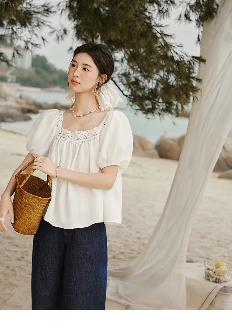 MISHOW French New Shirts Women Summer 2025 Short Puff Sleeve Square Collar Solid Splicing Lace Blouses Female Holiday MXE32X1780