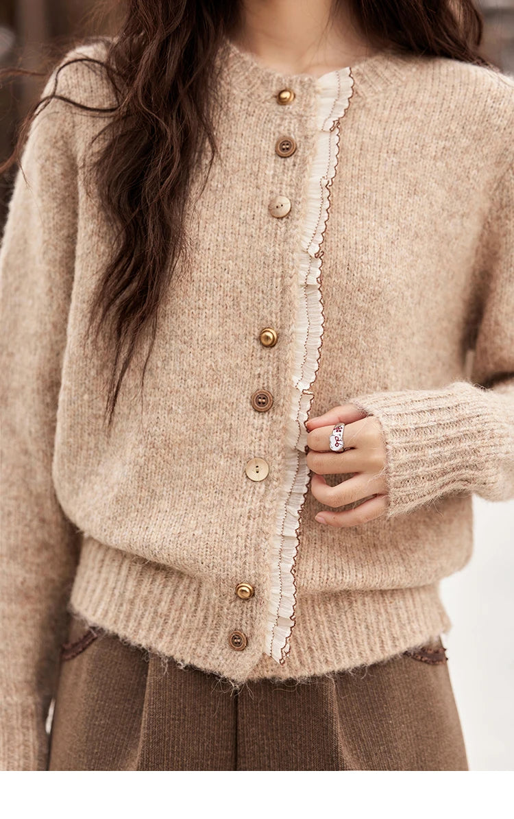 MISHOW Spliced Lace Knitted Cardigan O-Neck Sweaters Women Button Design Temperament Long Sleeved Tops Office Lady MXD58Z0998