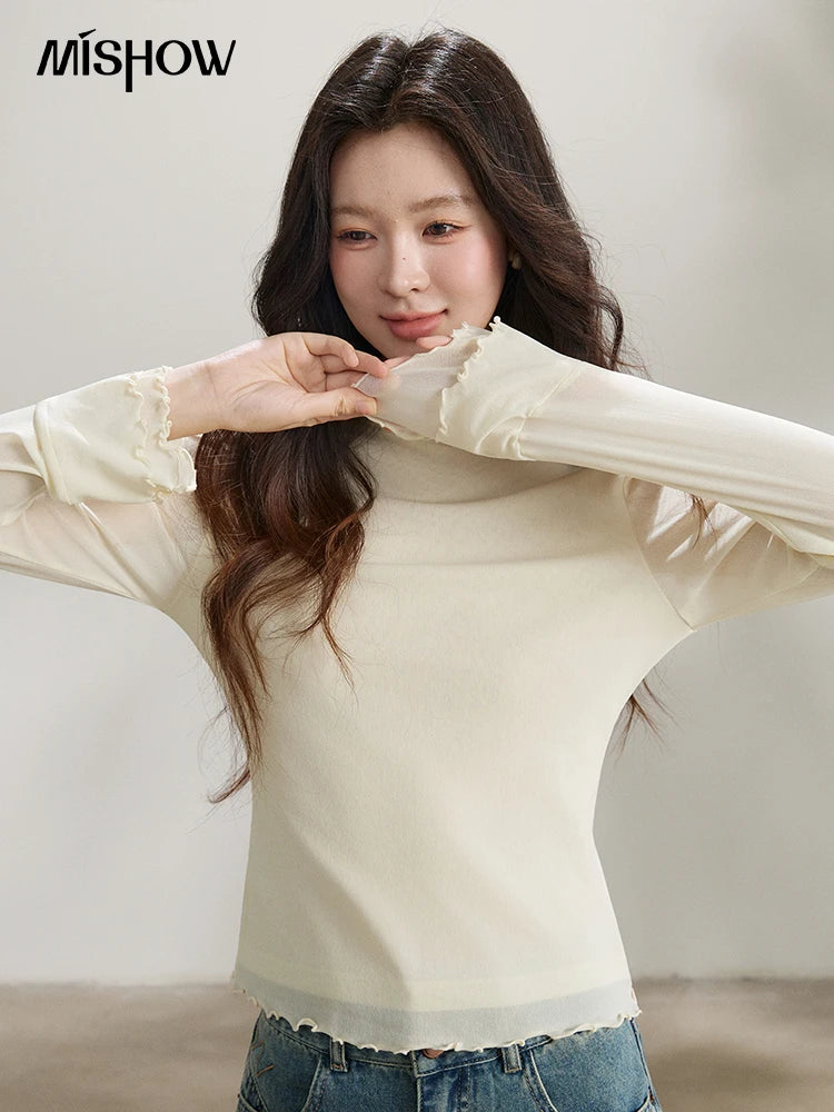 MISHOW Women's Ruffled Crew Neck Interior T-shirt 2026 Spring Lightweight Transparent Mesh Tops Slim Casual T-Shirt MXF11Z2914