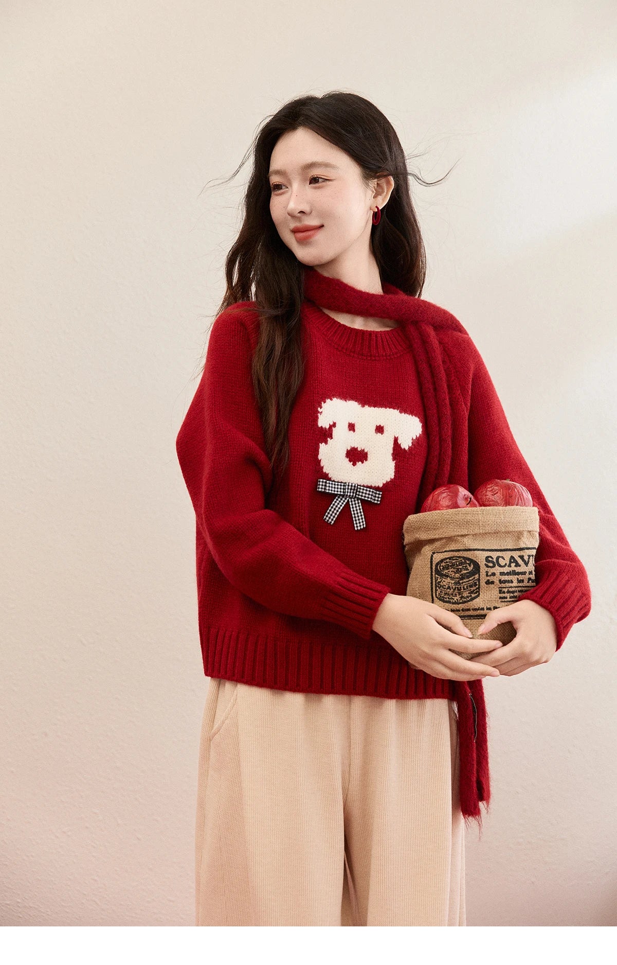 MISHOW New Year Women's Puppy Jacquard Crew Neck Knit Sweater 2026 Spring Loose Casual Red Sweater Excluding Scarf MXE93Z2932