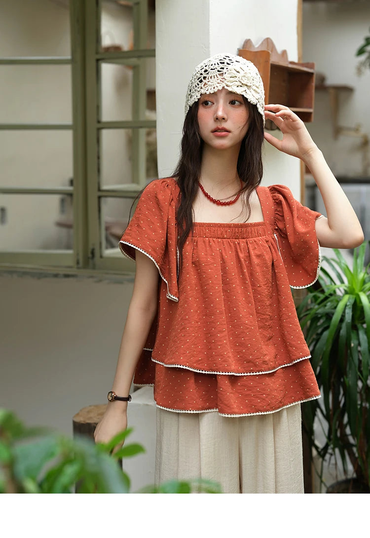 MISHOW Women's Polka Dot Blouse 2025 Summer Square Neck Lace Spliced Double Layered Ruffled Red Top Women's Clothing MXE37X1857