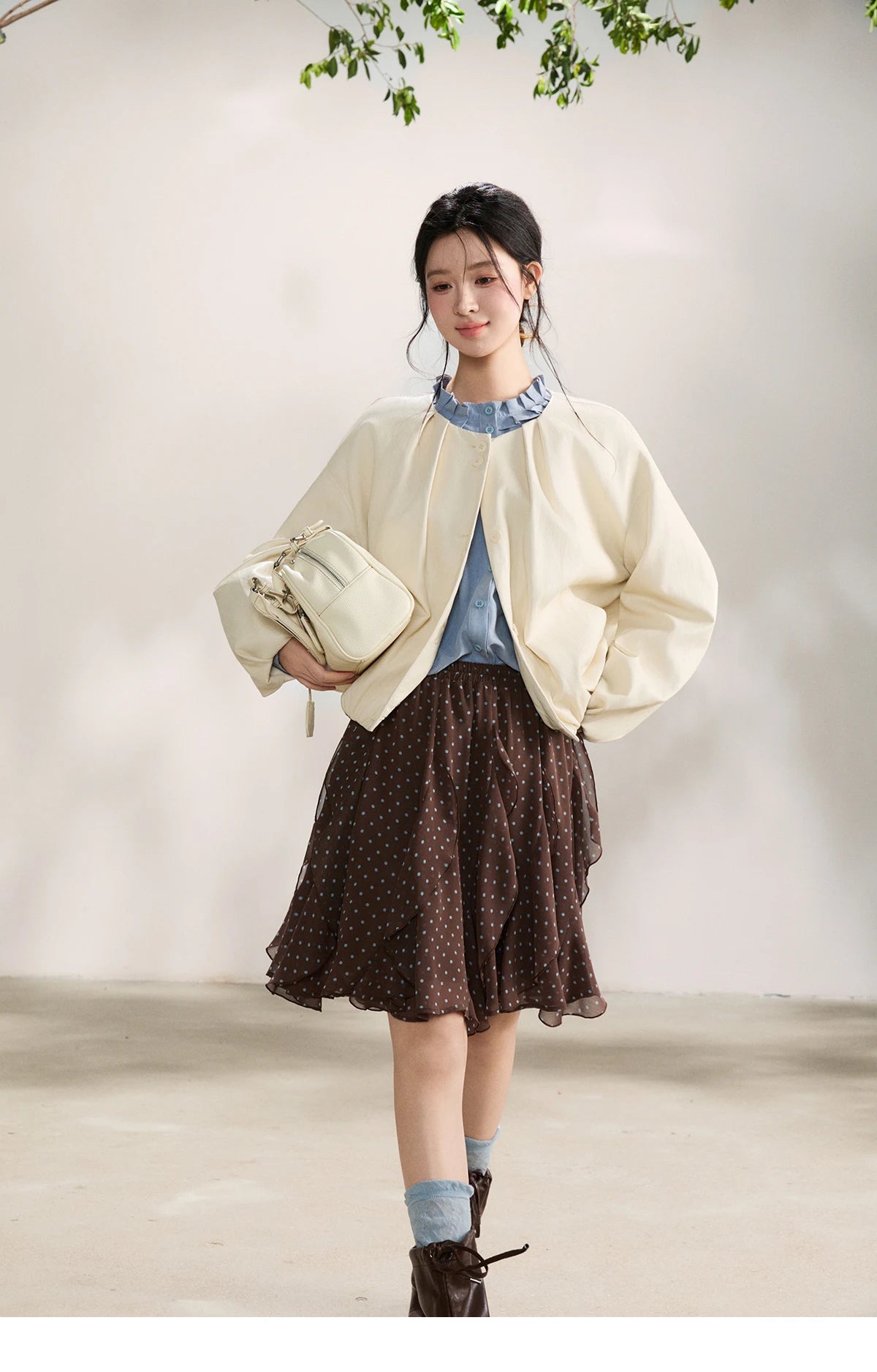 MISHOW Imitation Protein Skin Short Flower Bud Leather Jacket 2026 Spring Ruffled Collar Casual Loose Button-Up Coat MXF108W1019