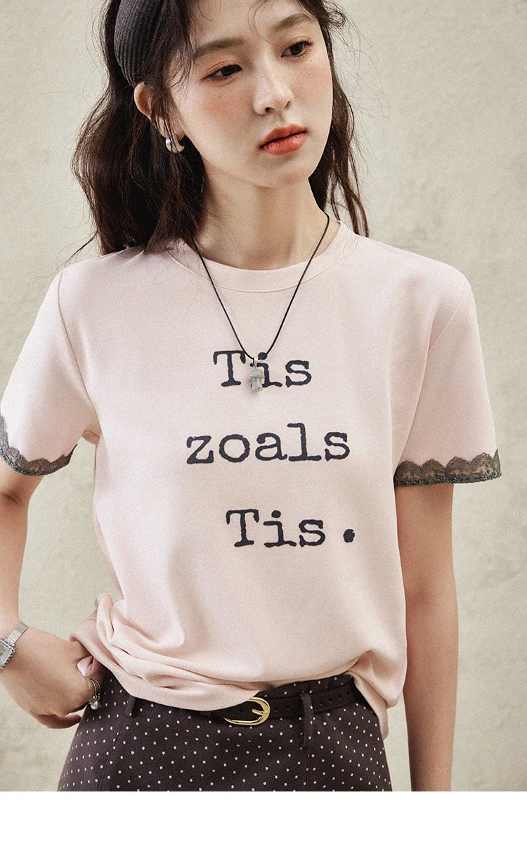 MISHOW Casual Pink Letter T-shrit Women Summer 2025 New Short Sleeve Round Neck Shirts Woman Fashion Lace Tops Lady MXE32T0529