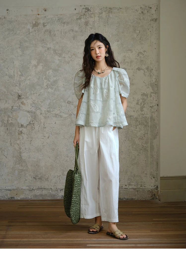 MISHOW O-Neck Blouse for Women 2025 Summer New Fashion Print Embroidery Puff Sleeve Loose Casual Top Ladies Clothing MXE34X1807