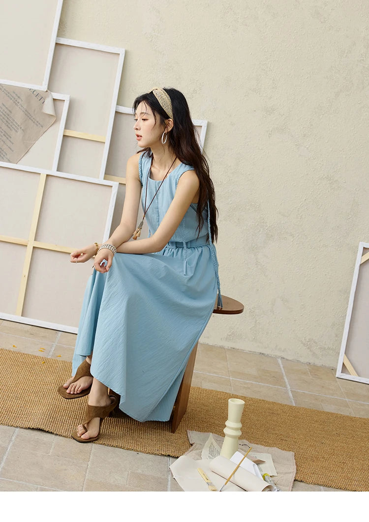 MISHOW Women's Vest Dress 2025 Summer Hand Woven Fried Dough Twists Waist Belt Slim Long Dress A-line Vacation Dress MXE34L2223