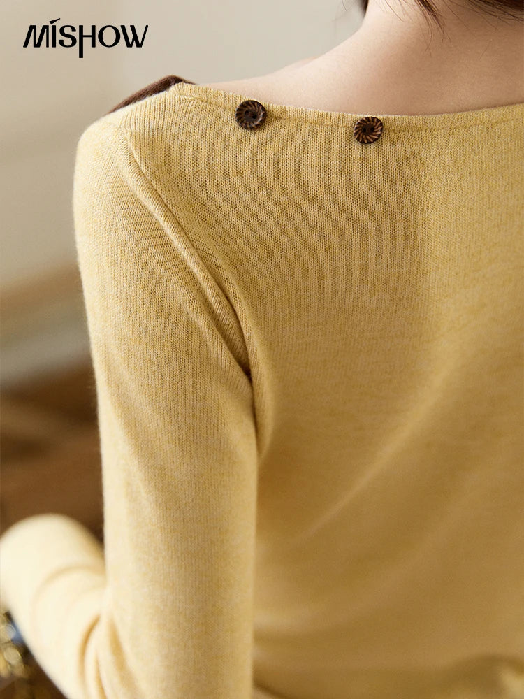 MISHOW Women's Yellow Brown Irregular Top 2026 Spring Contrast Color Oblique Collar Long Sleeve Casual Knitted Tops MXF11Z2911