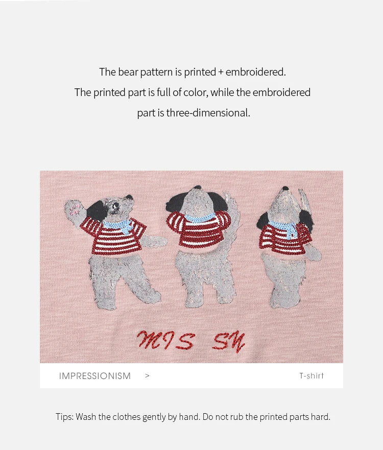 MISHOW Short Sleeve Little Bear Print T-shirt for Women 2025 Summer New O-Neck Embroidery Top Versatile Loose Tee MXE39T0699