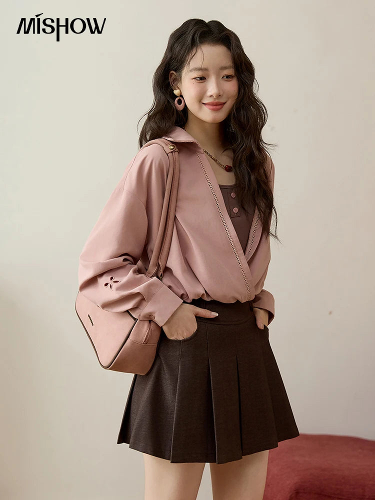 MISHOW Elegant Woman Blouse 2025 Autumn Loose Fitting Fake Two-piece Contrasting Color V-neck Tops Ladies Clothing MXE45C2403