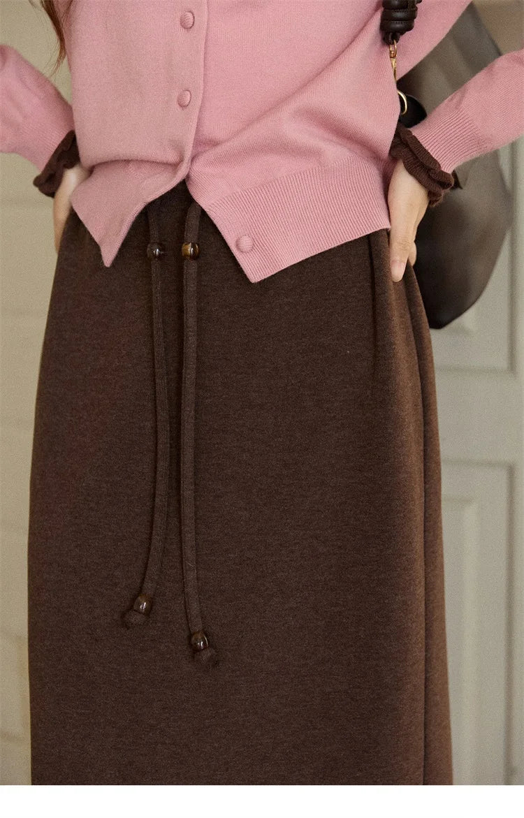 MISHOW Woman Brown Skirt 2025 Retro High Waist Loose Fitting Half Body Skirt with Back Split Straight Leg Long Skirt MXE90B2447