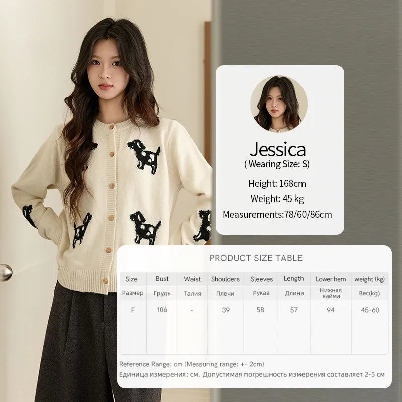 MISHOW Women's Puppy Jacquard Knit Cardigan 2025 Winter Single-breasted Crew Neck Top Warm Loose Sweaters Office Lady MXE93Z2950
