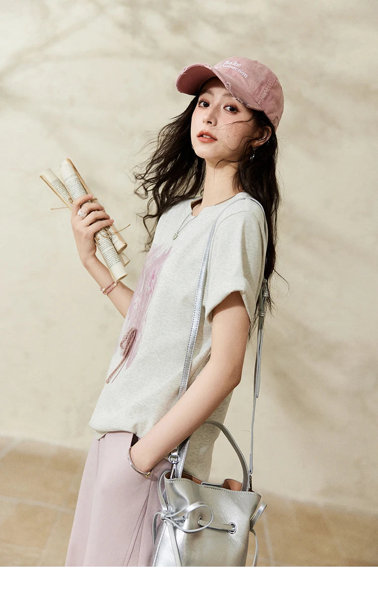 MISHOW Iris Cool Cotton T-shirt for Women Spring 2025 Spray Printing Slim Tees Round Neck Breathable Versatile Top MXE13T0453