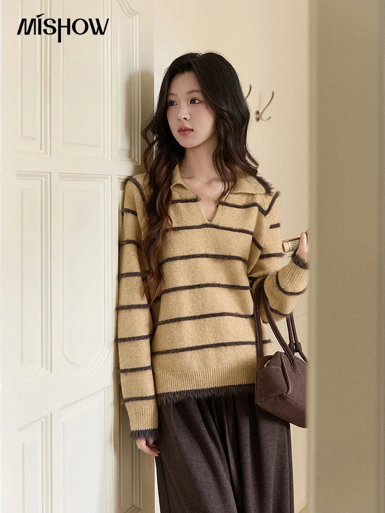 MISHOW Women's Faux Mink Fur Striped Sweater 2025 Winter Loose Lapel Tassel Hem Thickened Knitwwear Excluding Scarves MXE93Z2945