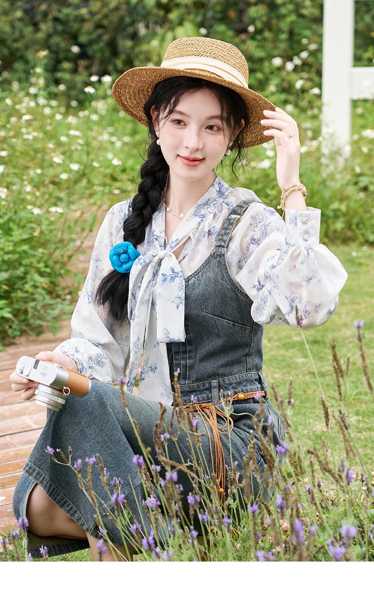 MISHOW Retro Denim Strap Dress for Women Spring Summer 2025 Symmetrical Diagonal Pockets Front Hem Slit Midi Dresses MXD14L1817