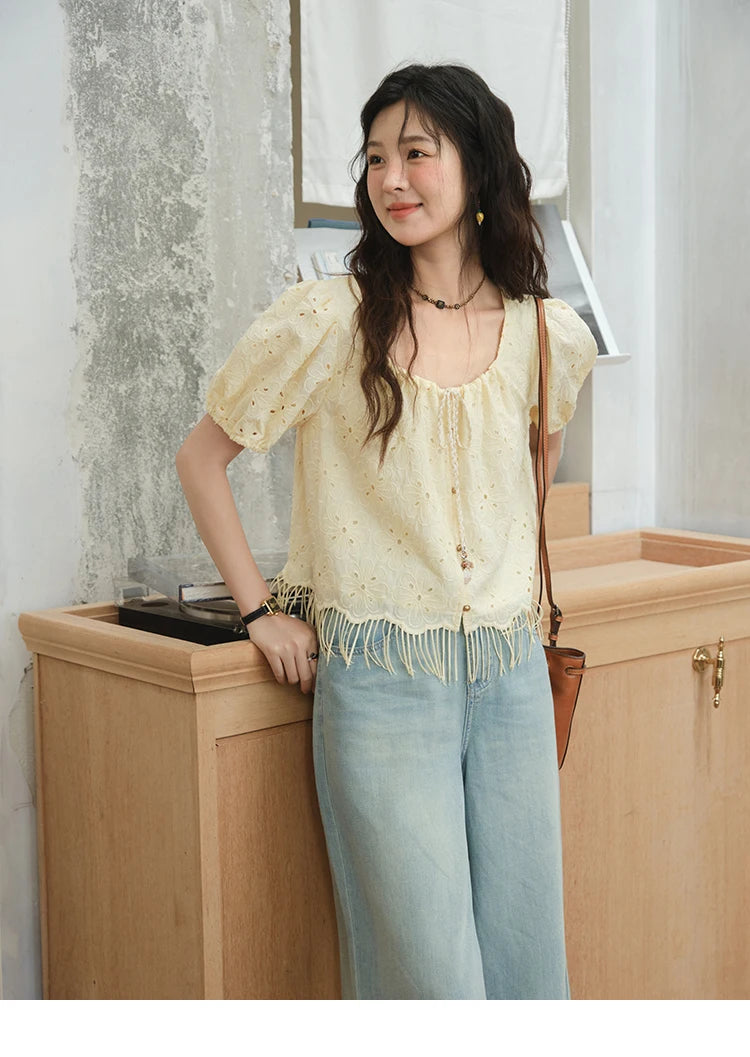 MISHOW Women's Fashion Hollow Out Blouse Summer 2025 Embroidery Puff Sleeve Square Collar Tassel Ladies Casual Top MXE37X1851
